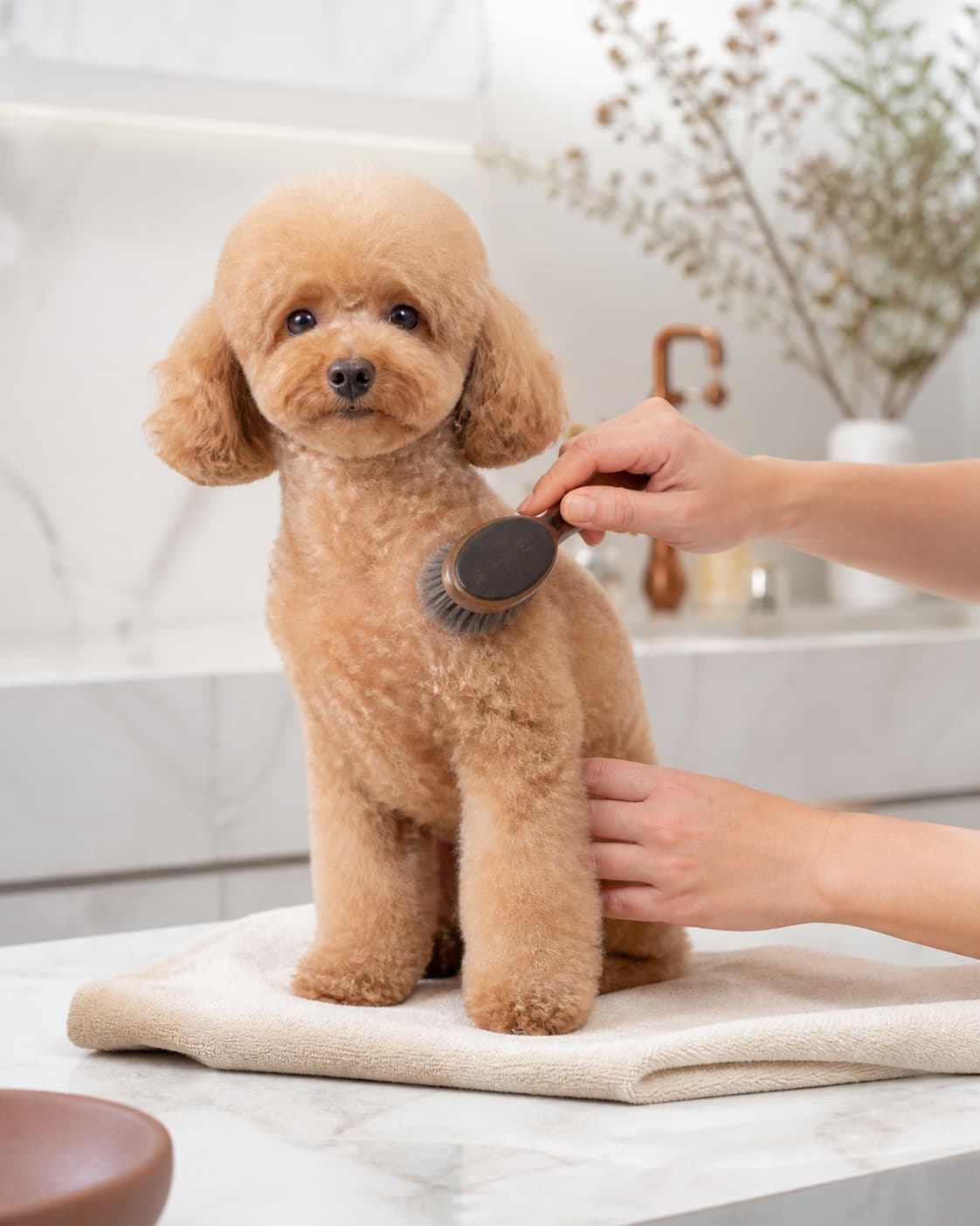 An apricot poodle receiving a gentle finishing brush in a premium grooming salon