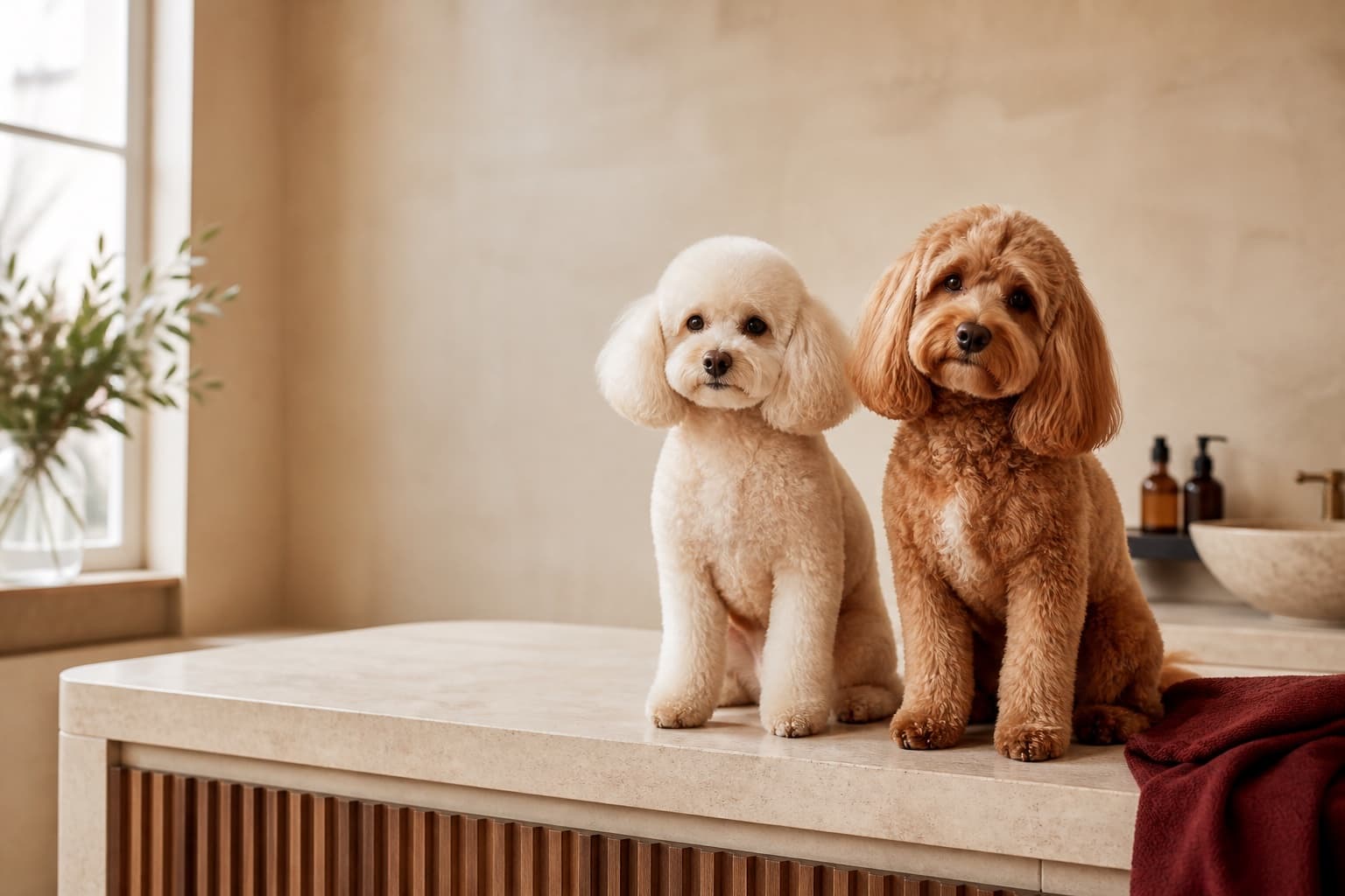 A freshly groomed cream poodle and warm-brown cockapoo sitting together in a refined salon